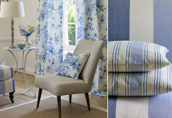 Telas, rayas y flores en un salón azul 