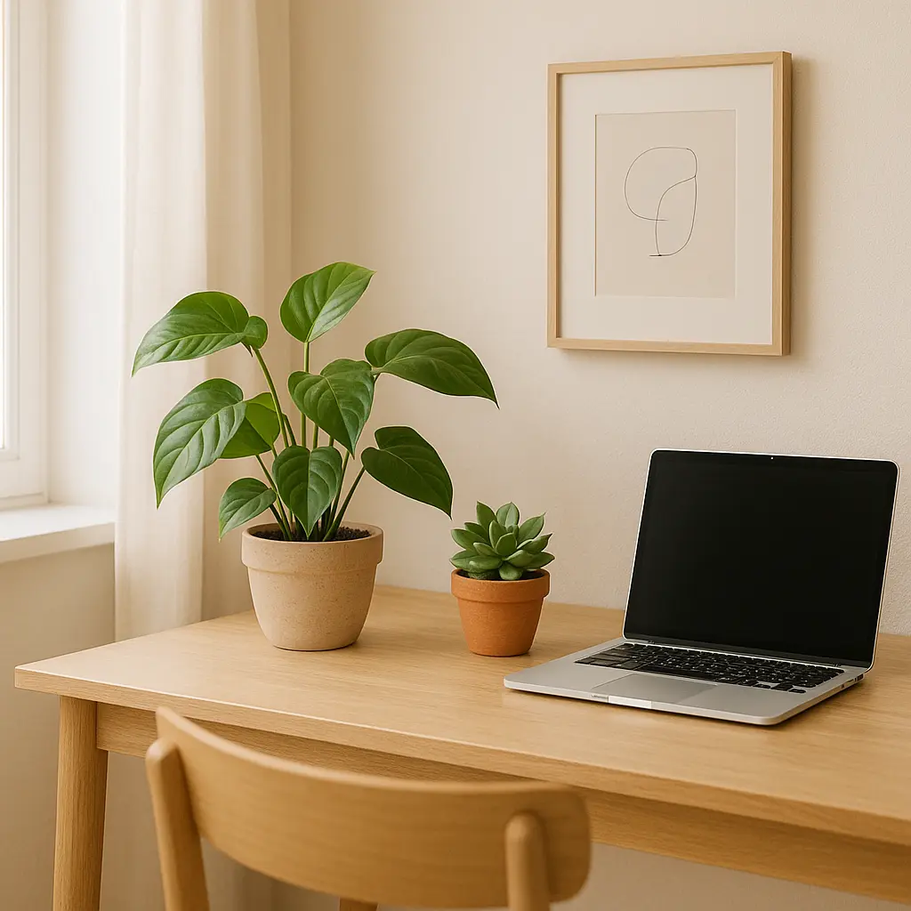 Home office con plantas y portátil